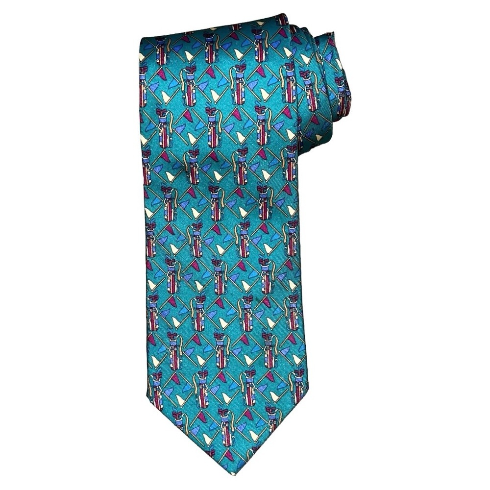 Brooks Brothers Makers Golf Necktie Men’s Teal Green Burgundy All Silk 57x3.5